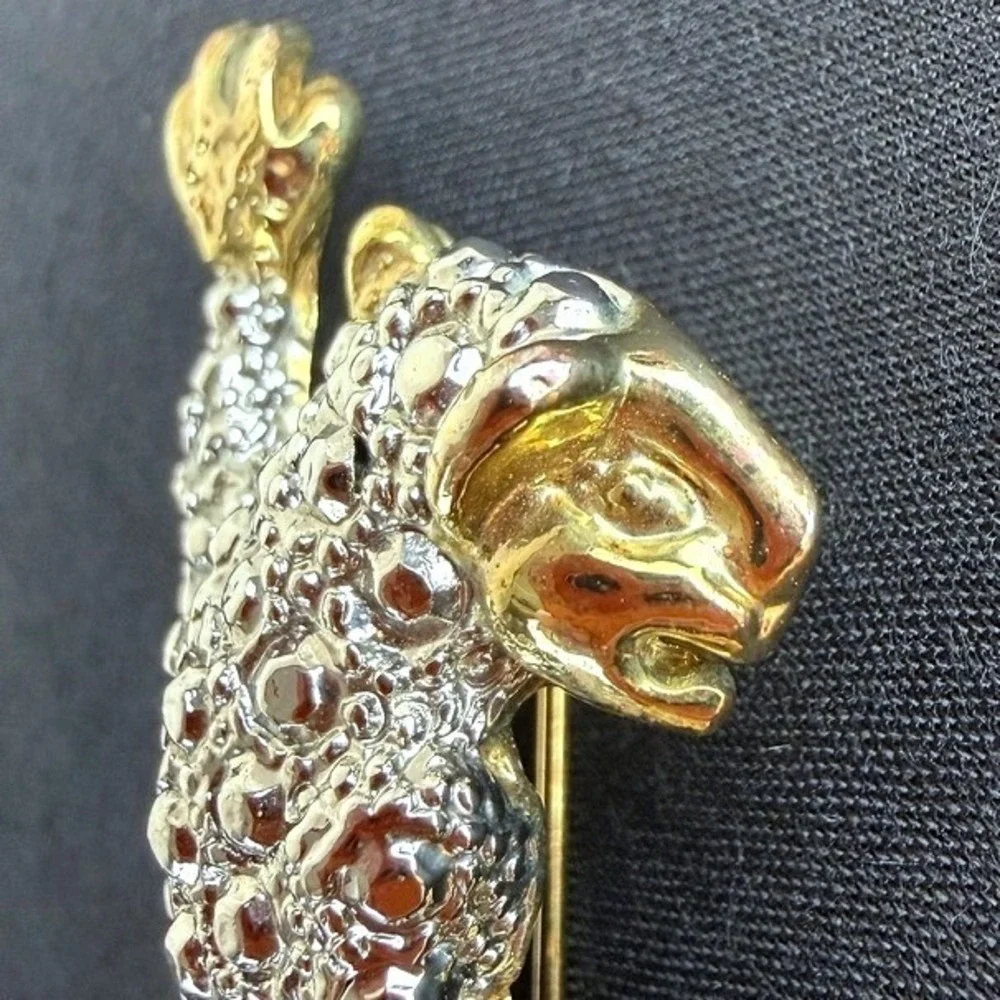 Vintage 80s Silver & Gold Tone Leopard Brooch Glam Mob Wife Retro Baddie Cheetah